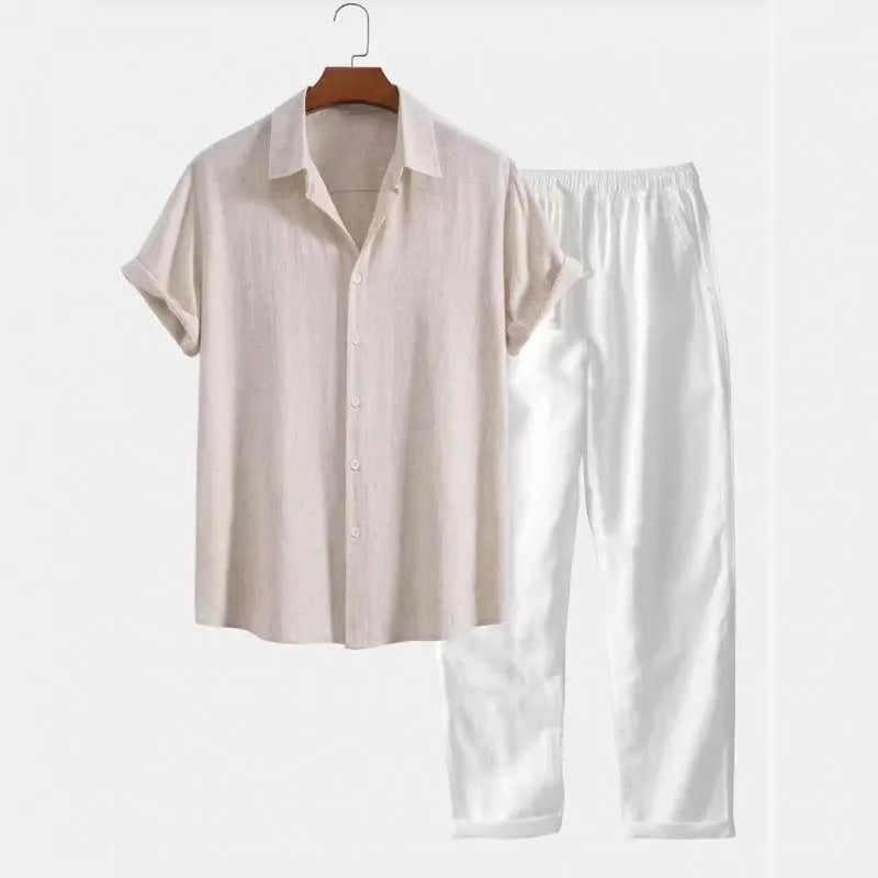 Men's loose fit casual short sleeve shirt and trousers suit in a linen blend fabric.