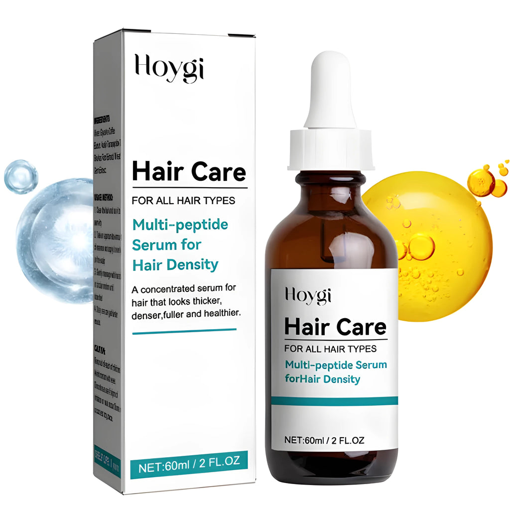 Multi-peptide serum for hair density in a 60ml bottle with black cap, shown against a light background.