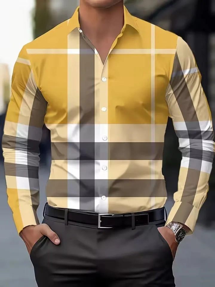 Man wearing a striped long sleeve shirt with a button lapel, shown in one of four colour options.