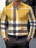 Man wearing a striped long sleeve shirt with a button lapel, shown in one of four colour options.