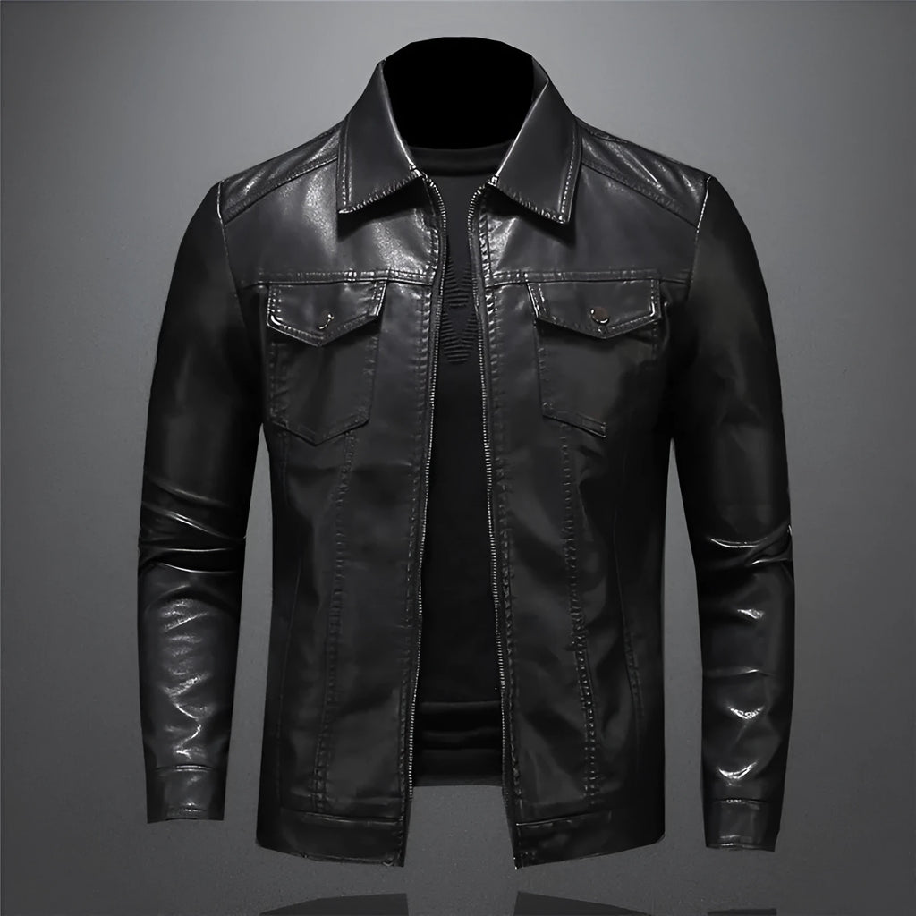 Men's black faux leather motorcycle jacket with loose fit and straight hem