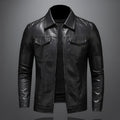 Men's black faux leather motorcycle jacket with loose fit and straight hem