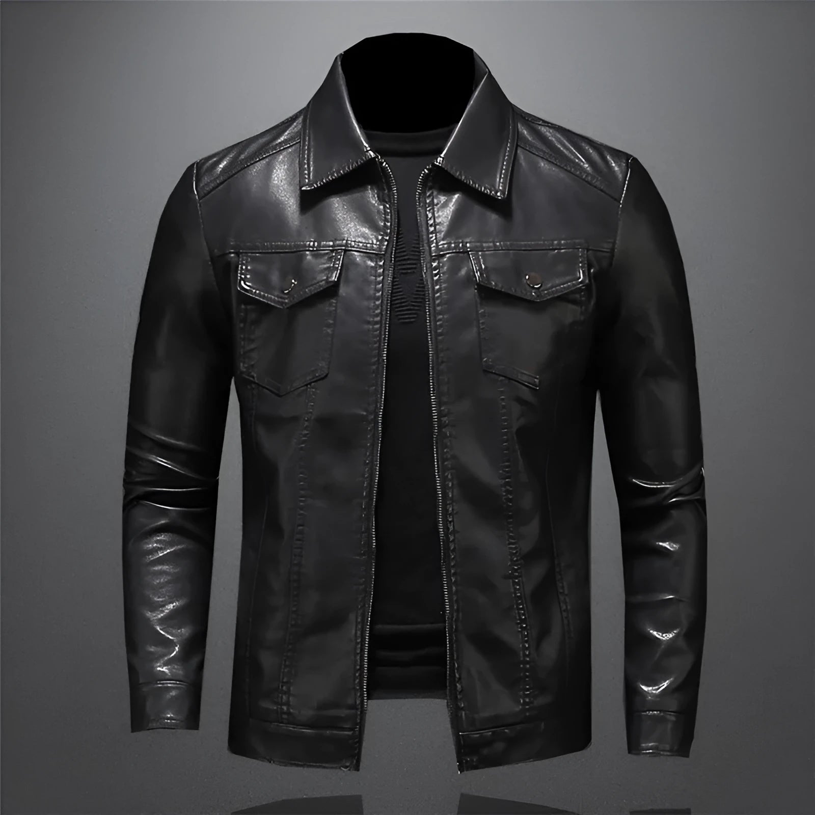 Men's black faux leather motorcycle jacket with loose fit and straight hem