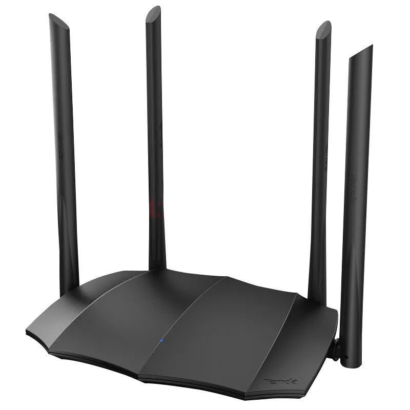 Dual-band wireless router with multiple antennas and Gigabit Ethernet ports on rear panel