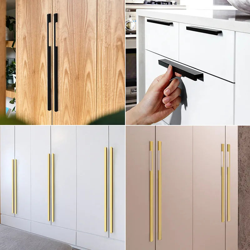Gold T-shaped aluminium alloy single hole cabinet handle showing hole distance options.