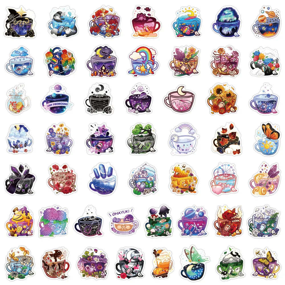Pack of colourful tea cup graffiti design waterproof stickers for DIY projects on sports equipment.