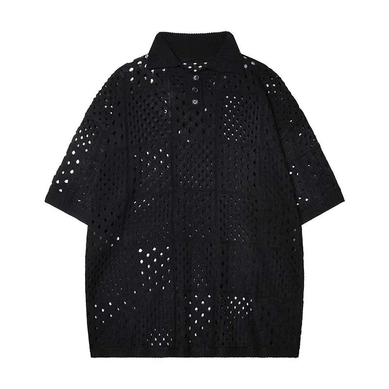 A teenage model wearing a solid black loose-fit knitted polo shirt, short-sleeved cardigan style.