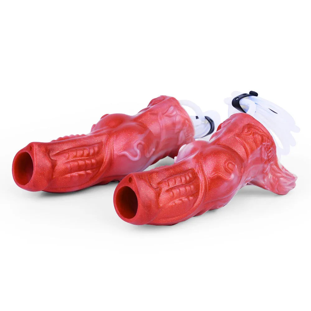 Silicone water spray exotic condom toy showing manual control, with syringe and balloon accessories.