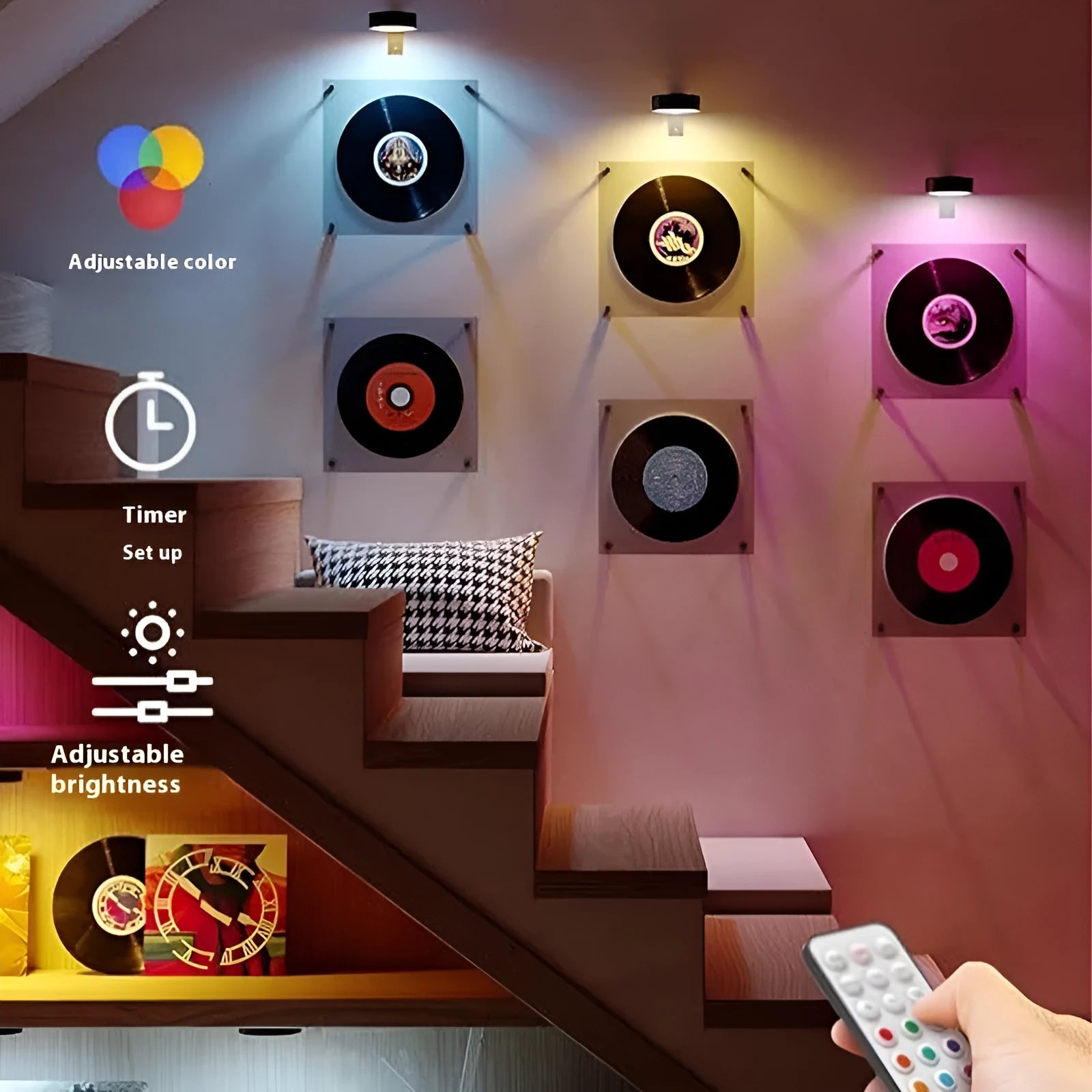 Black, white, and gold magnetic LED lamps with remote control for wall and painting lighting.