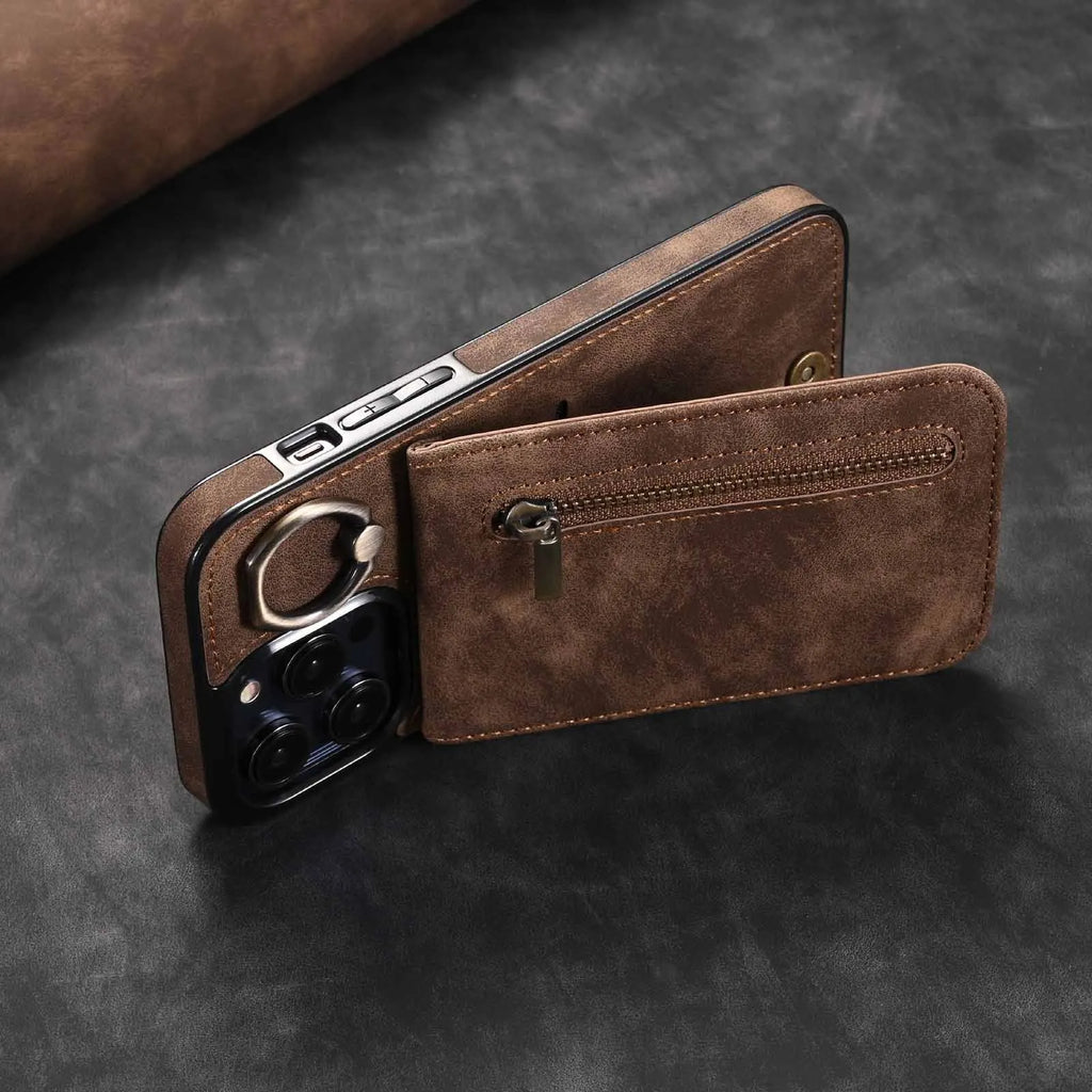 Vintage ring zipper card anti-theft swiping phone case in black, with bracket and lanyard, for iPhone