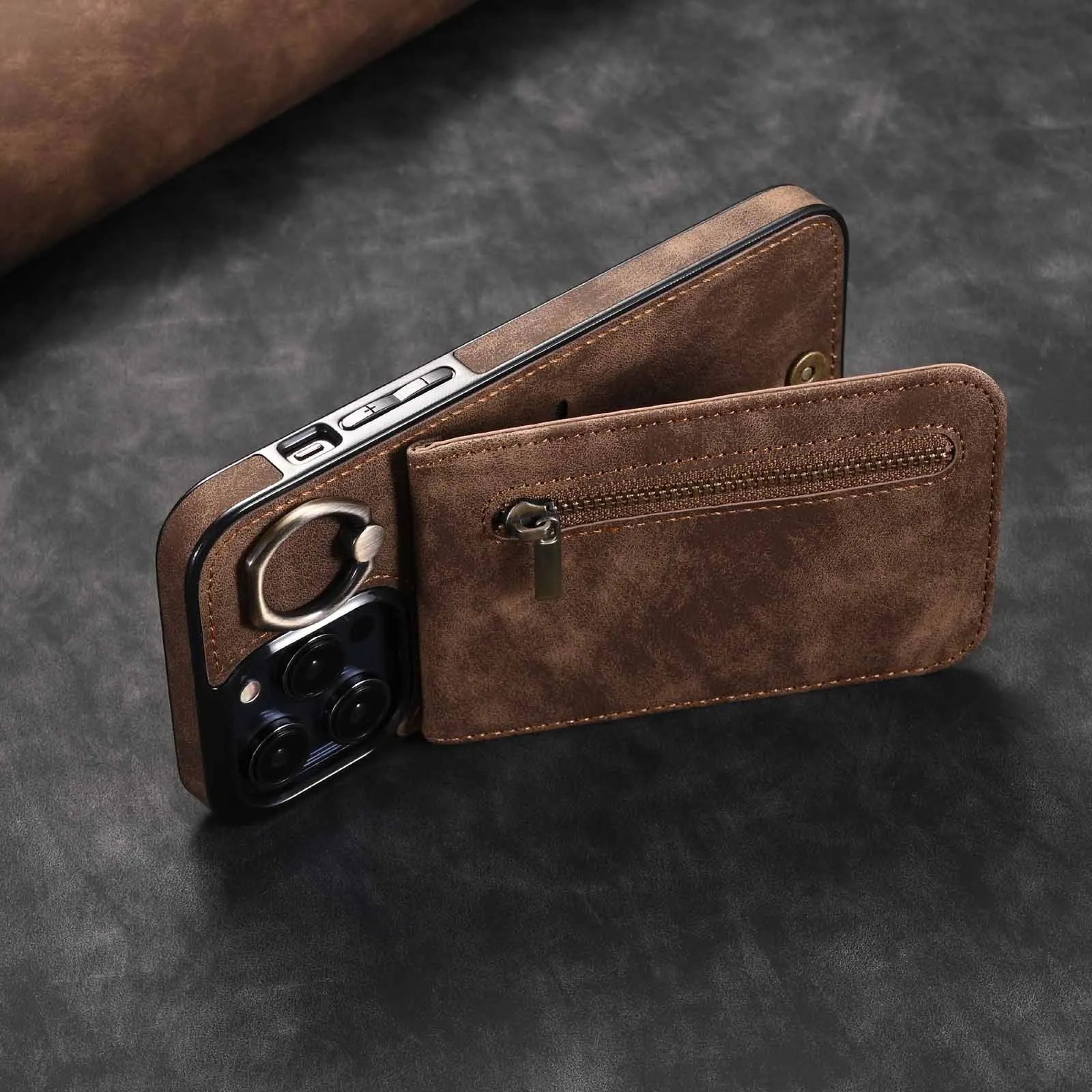 Vintage ring zipper card anti-theft swiping phone case in black, with bracket and lanyard, for iPhone