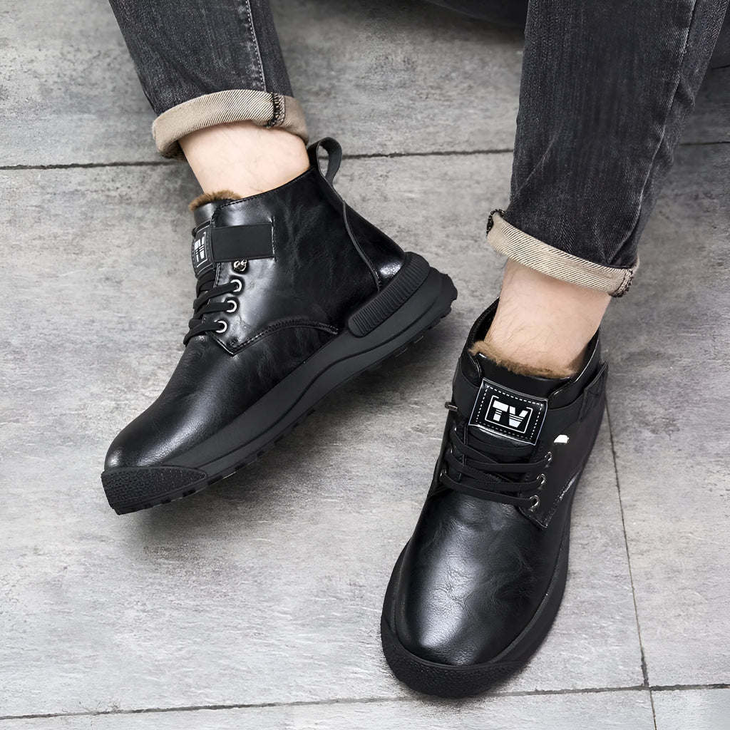 Black high-top platform Martin Boots for men with velvet finish and rubber sole.