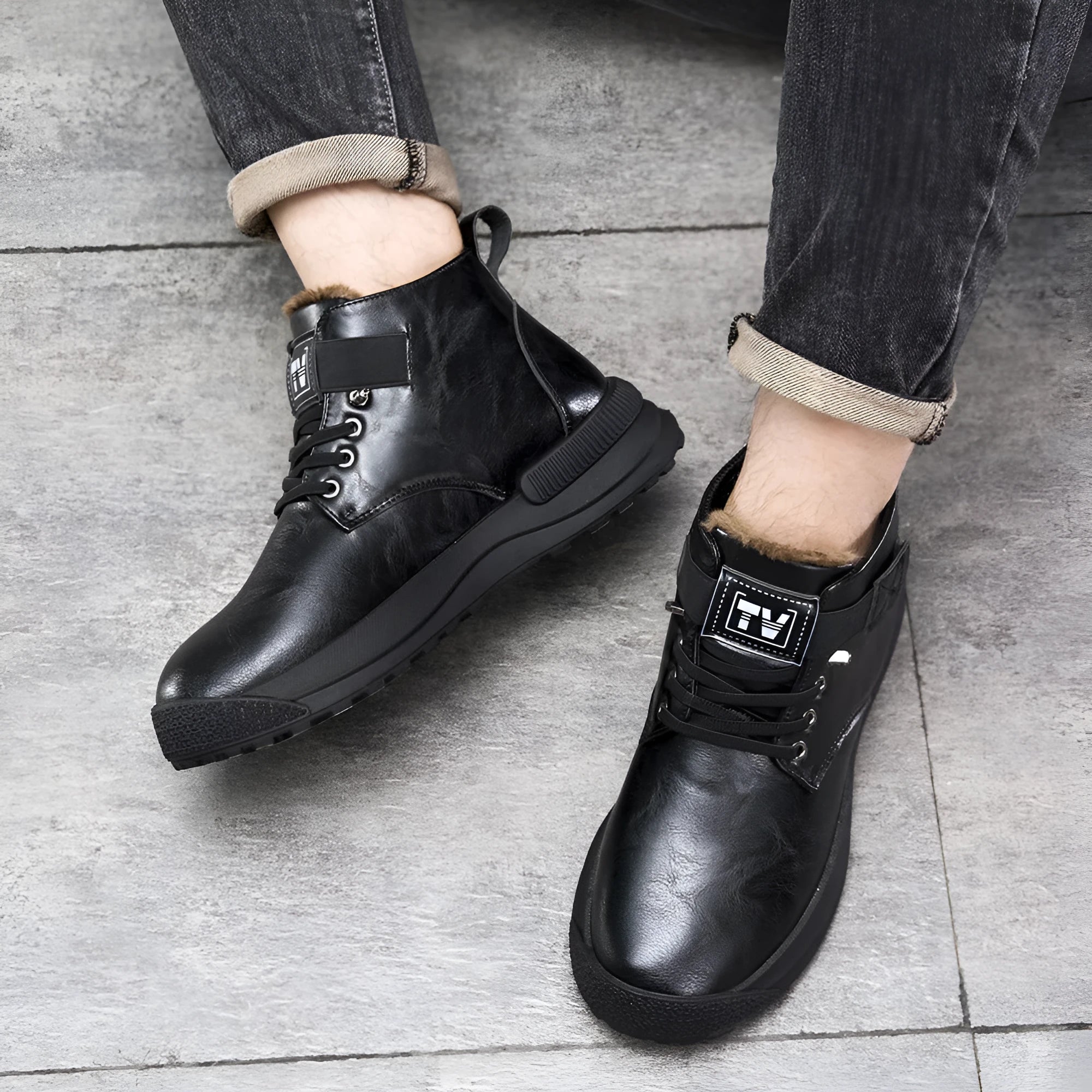 Black high-top platform Martin Boots for men with velvet finish and rubber sole.