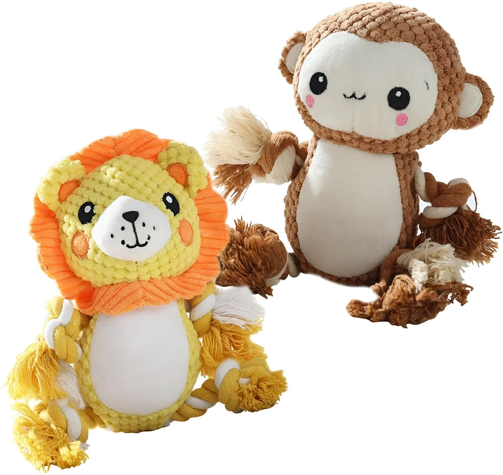 Stuffed squeaky dog toy bundle with lion and monkey plush designs for medium to large dogs