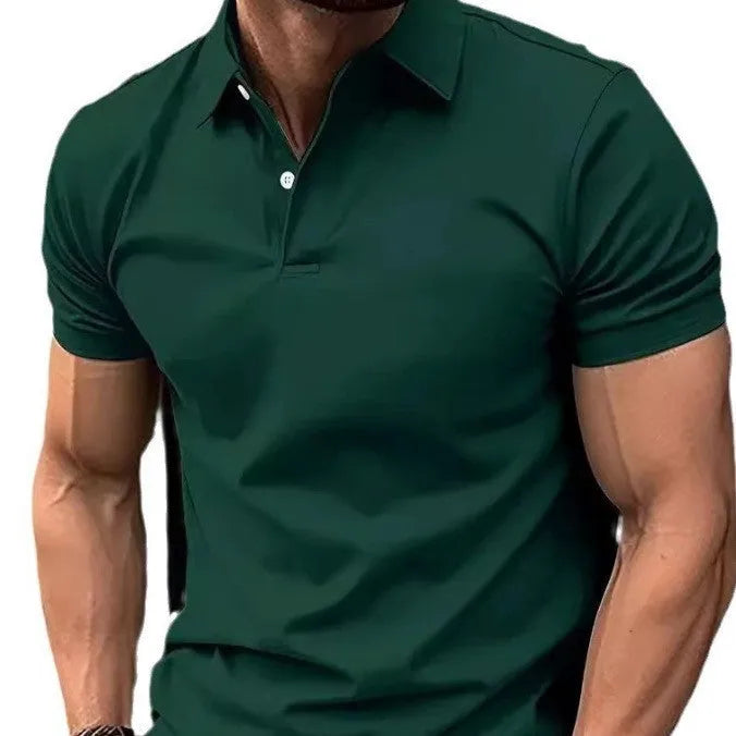 Men's solid colour slim fit short sleeve shirt with button front on a neutral background.