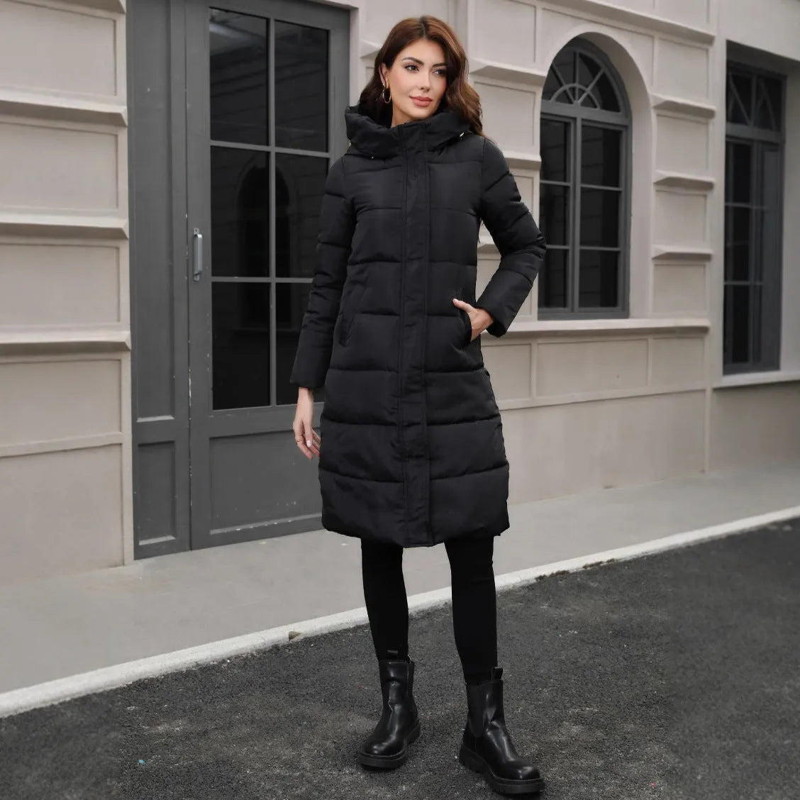 Black hooded slim fit long sleeve cotton jacket with polyester lining