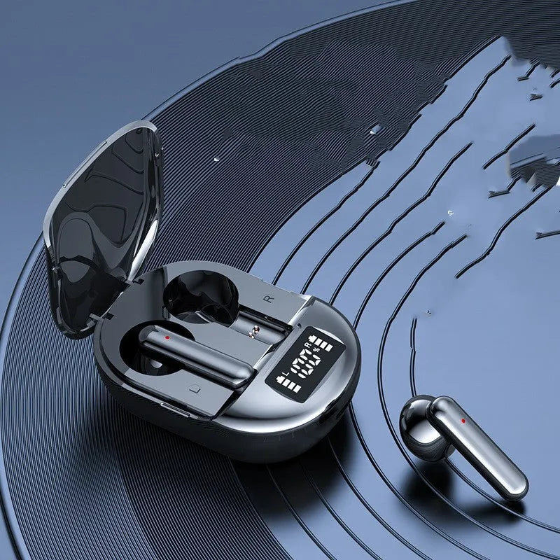 Wireless Bluetooth headset with charging bin showing digital display screen