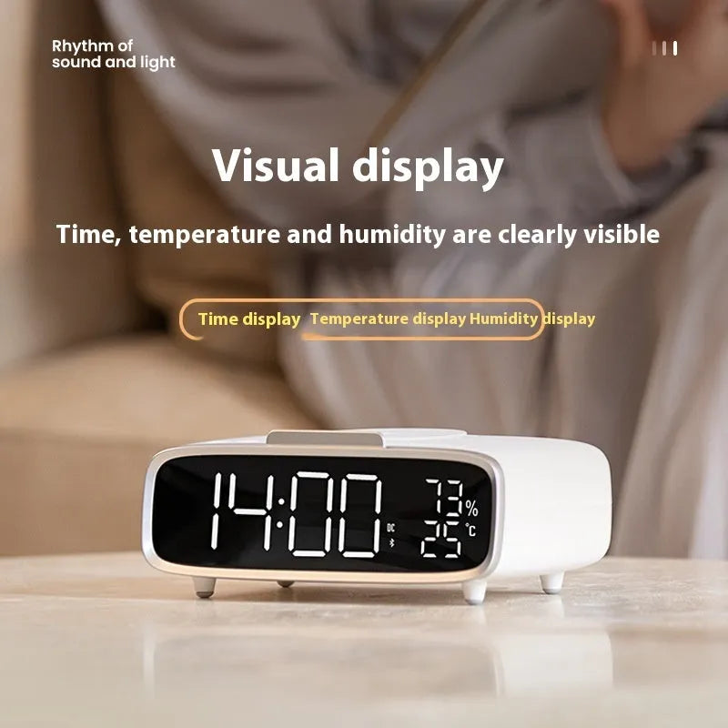 White wireless charging Bluetooth speaker alarm clock with LED display