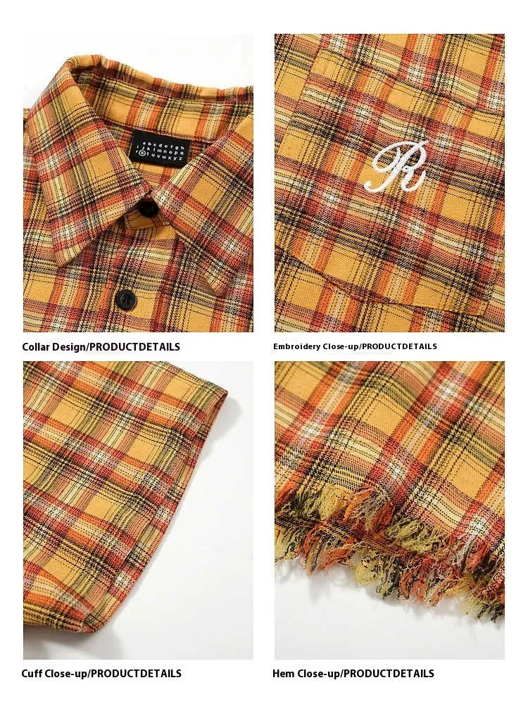 Yellow plaid short sleeve shirt with embroidery on chest pocket, loose fit design