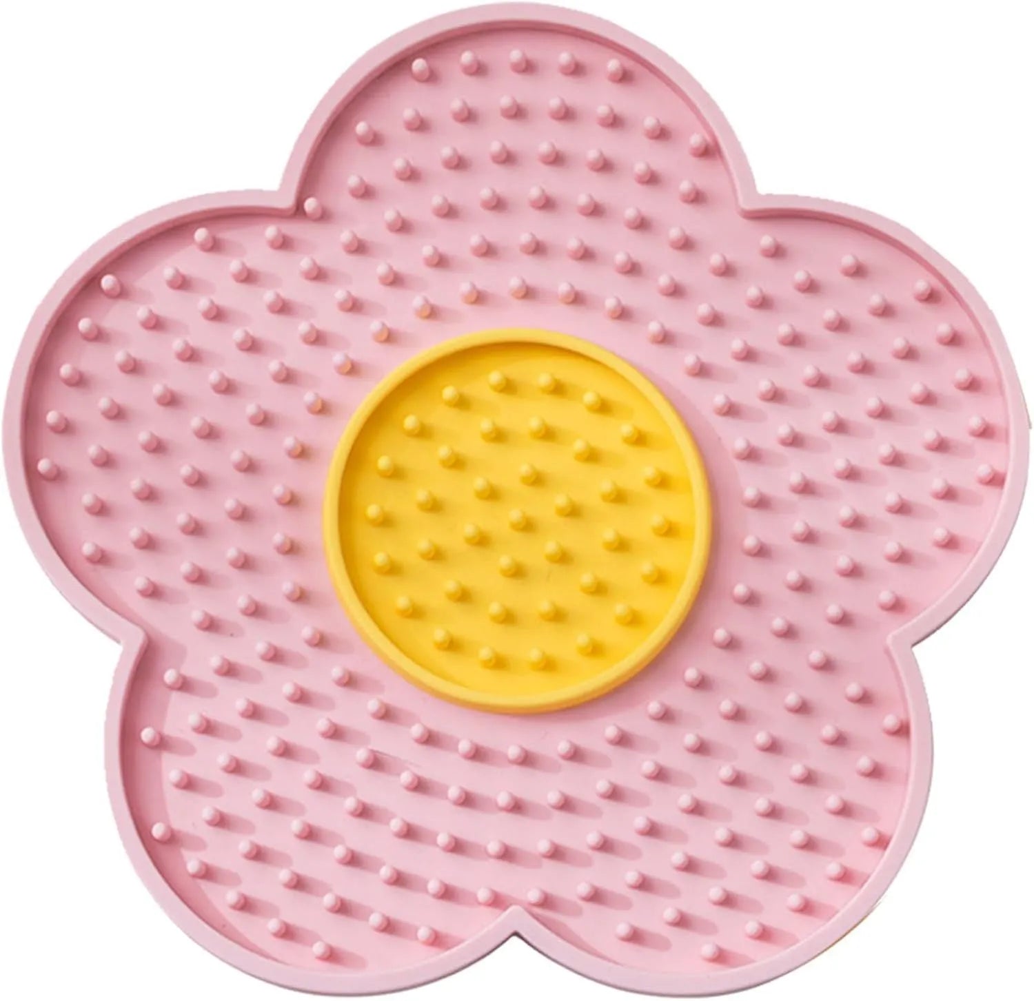 Flower-shaped silicone pet lick pad with suction cup base in assorted colours.