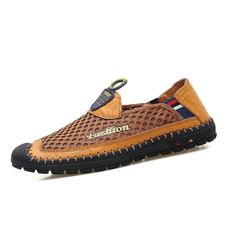 Men's brown mesh casual shoes with round toe and rubber sole on a white background.