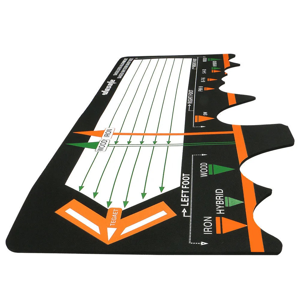 Black neoprene golf swing posture training pad on a practice surface