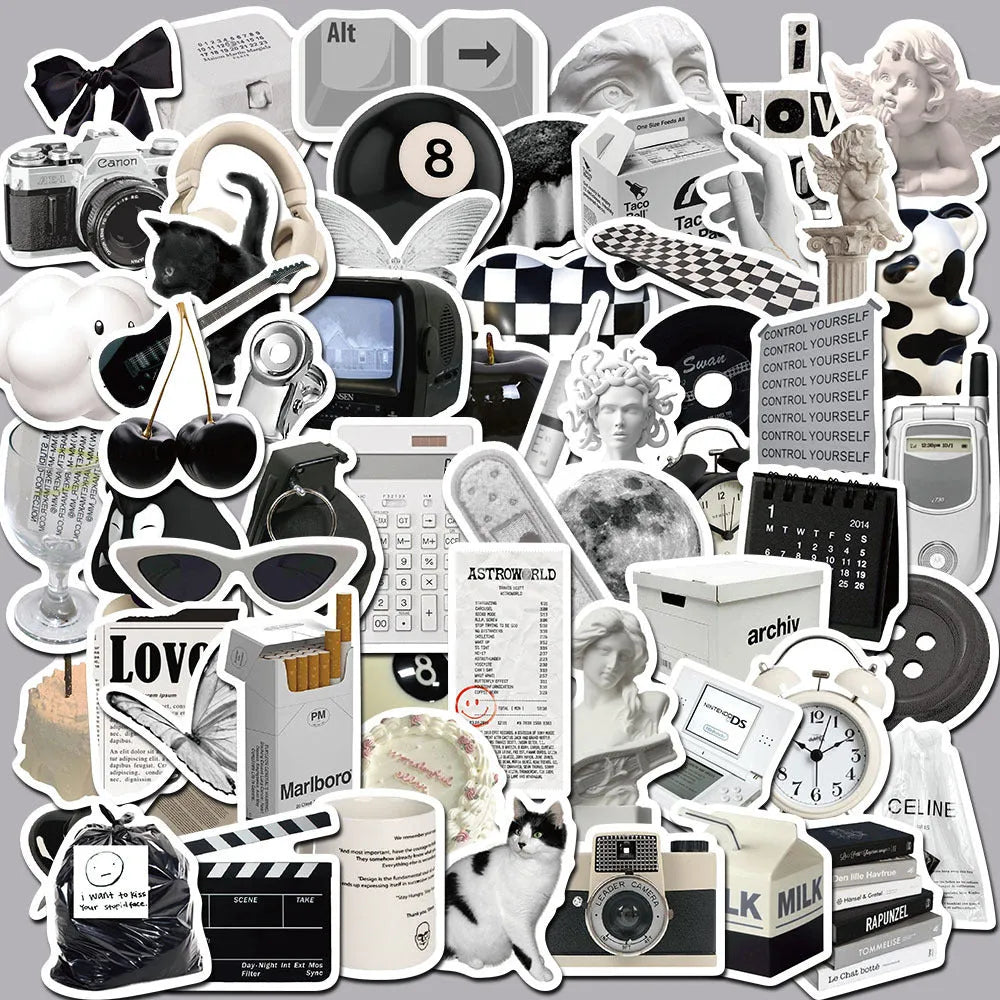 Black and white PVC vinyl sticker pack with 61 pieces for laptops and phones