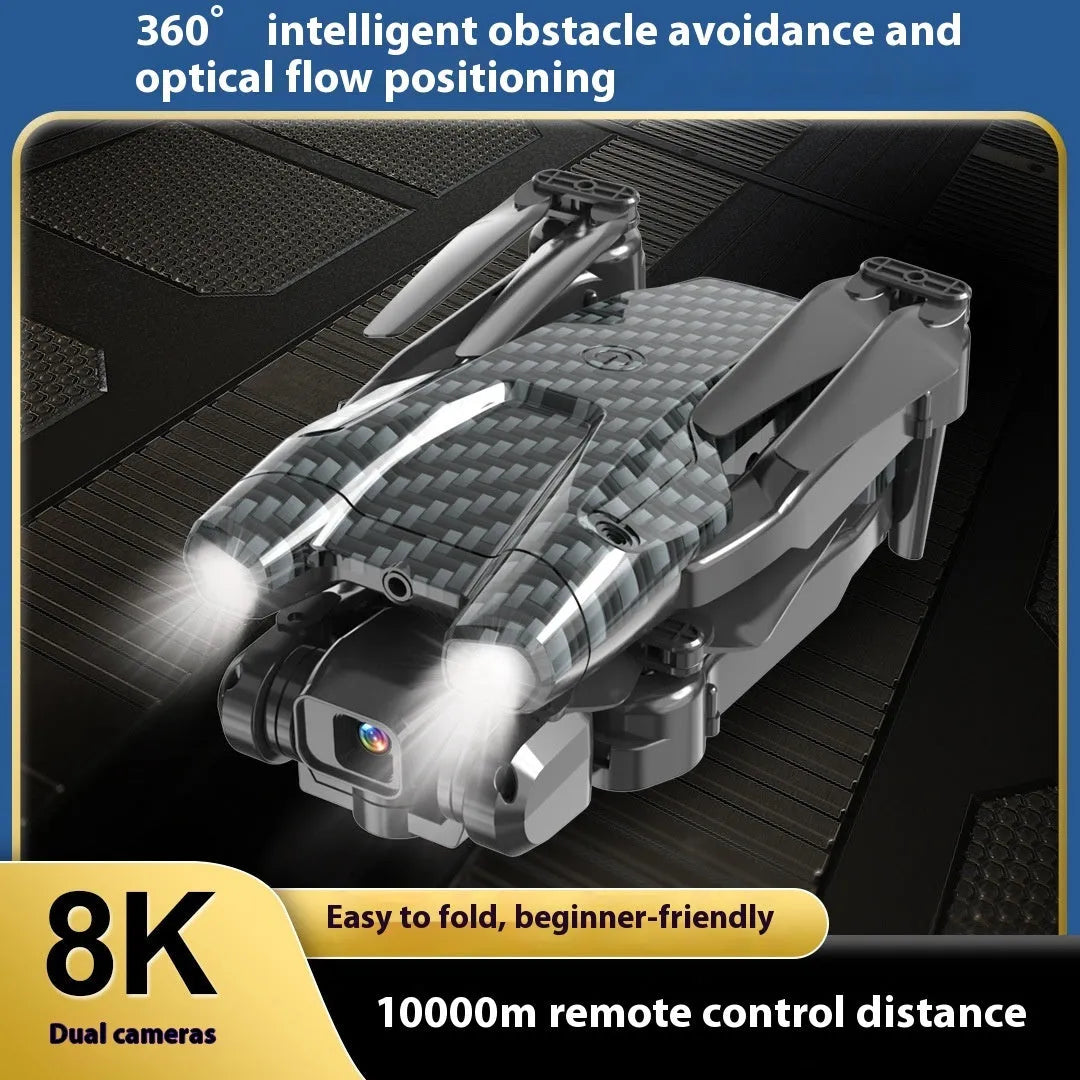 S138 black folding drone with carbon fibre appearance, showcasing folded arms and dual cameras for obstacle avoidance aerial photography.