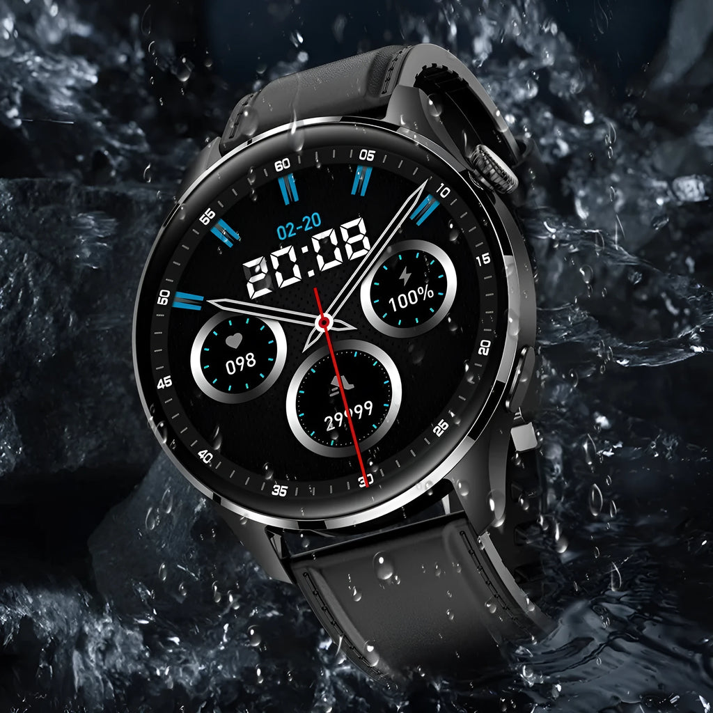 Smart watch with round colour screen showing interface, black zinc alloy case with silicone strap