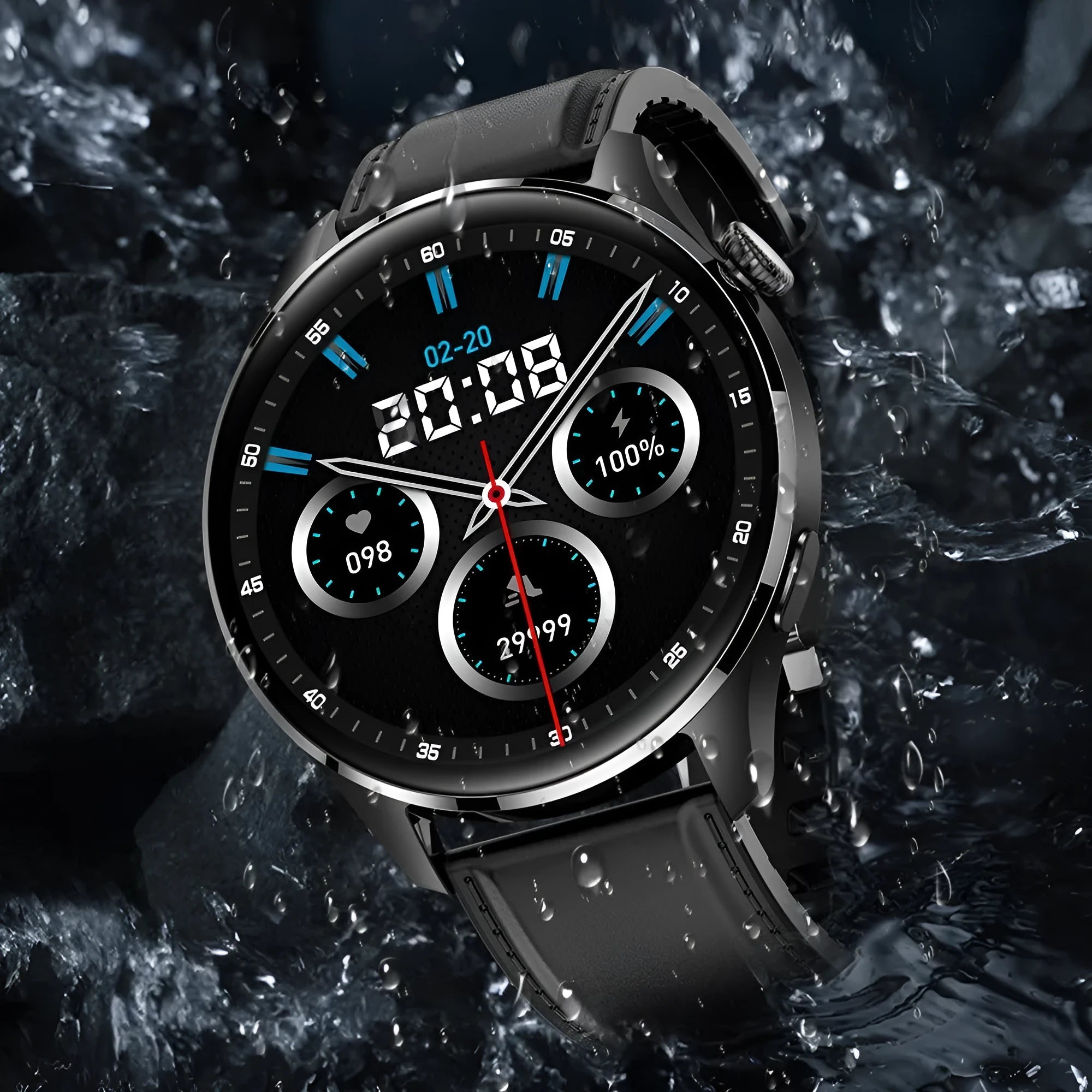 Smart watch with round colour screen showing interface, black zinc alloy case with silicone strap
