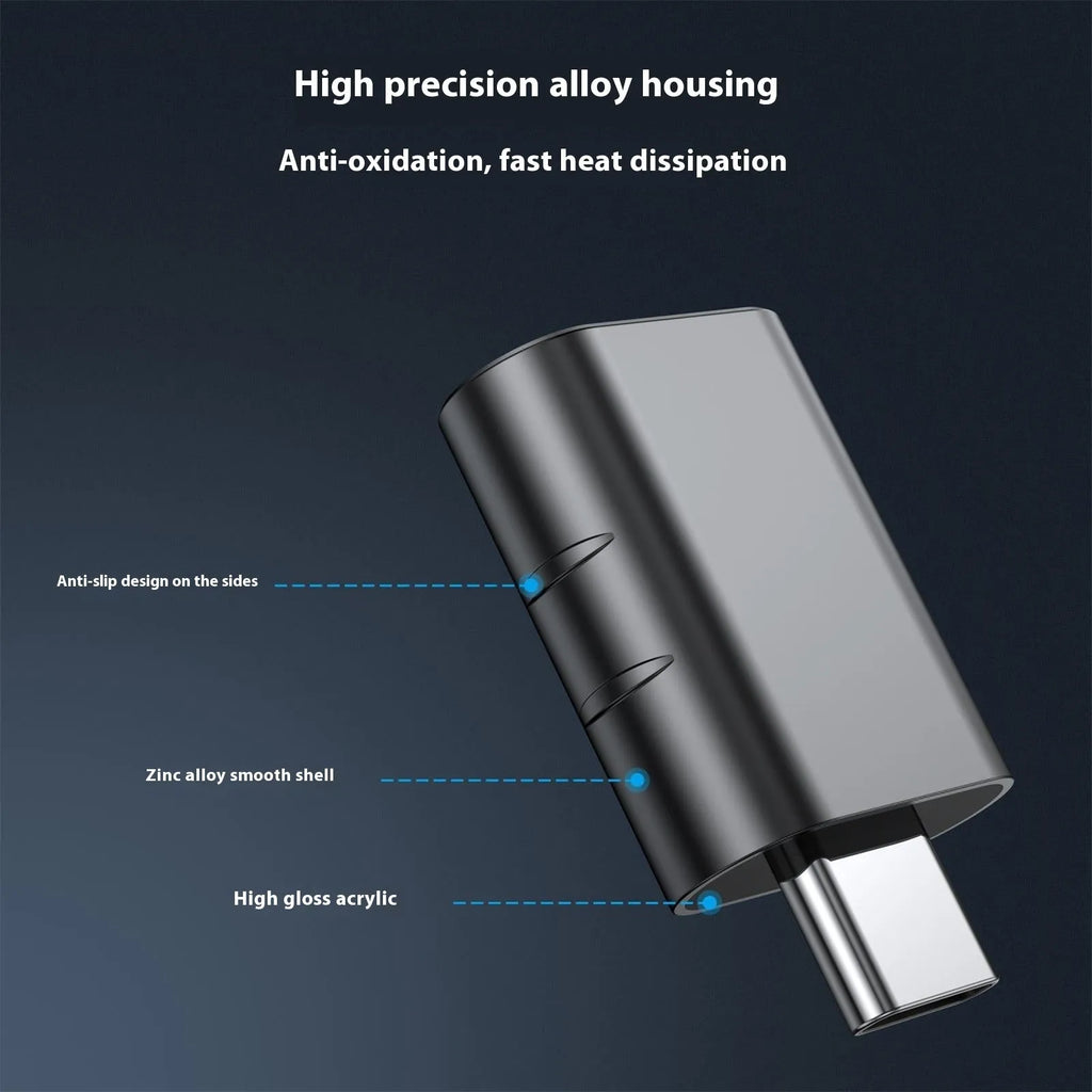 USB data and charging converter adapter with zinc alloy shell in various colour finishes.