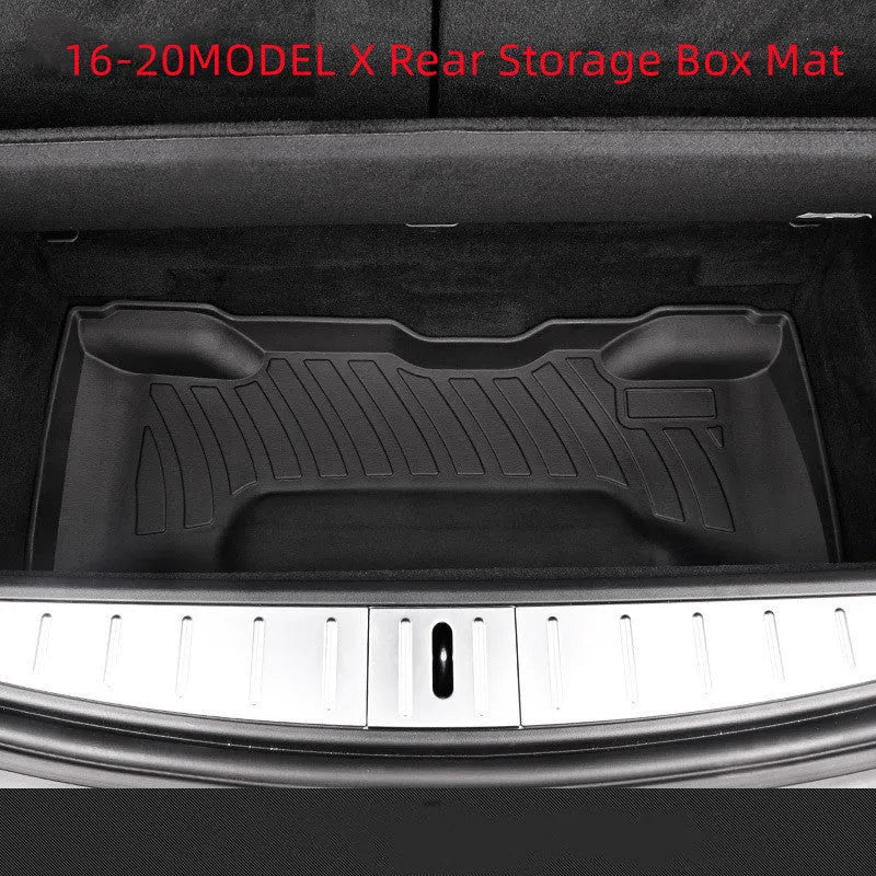 Rubber floor mats with TPE footrests designed for Tesla Model 3, Y, S, and X vehicles.