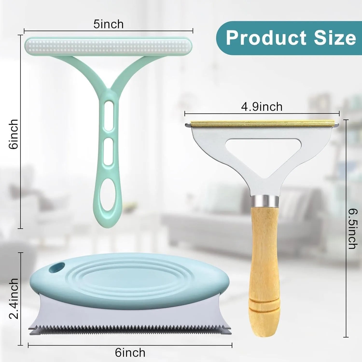 Three-piece pet hair remover set showing a metal lint shaver, a silicone brush, and a round plastic scraper.