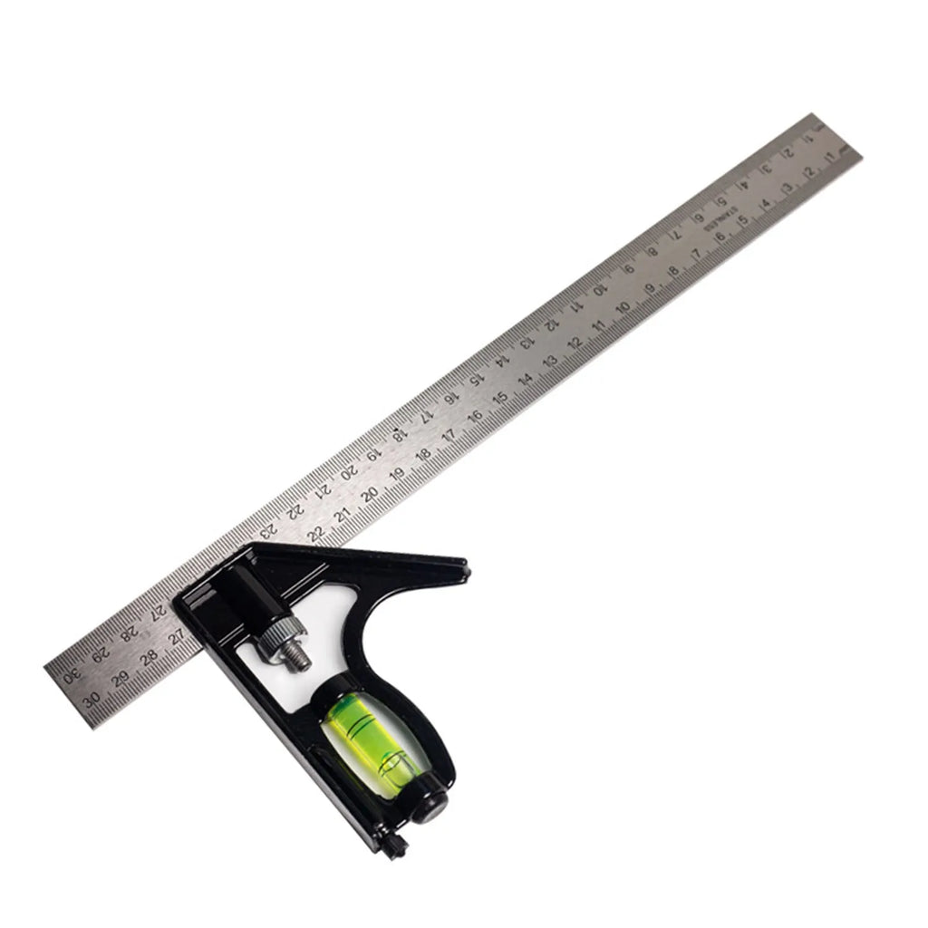 Red thin 7inch metal combination angle ruler with metric graduations on both sides for surveying