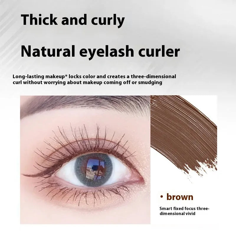 Waterproof mascara in a steel tube with choice of black or brown shade, shown with optional eyelash curler.