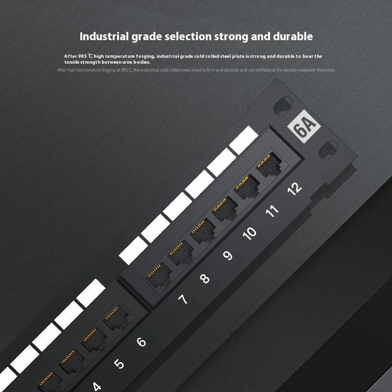 Black 12-port unshielded network distribution frame made of cold rolled steel, shown with screws and routing knife.
