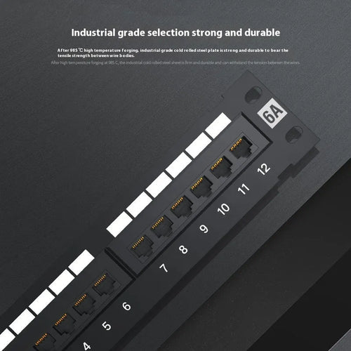 Black 12-port unshielded network distribution frame made of cold rolled steel, shown with screws and routing knife.