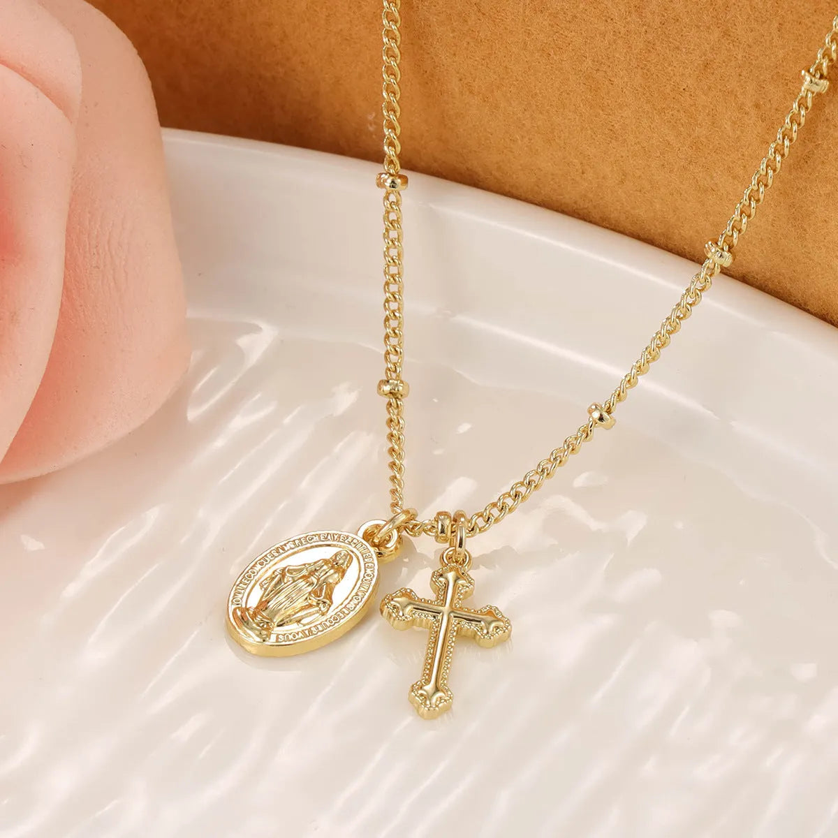 Gold ornament cross Virgin Mary necklace with simple geometric pendant design for women