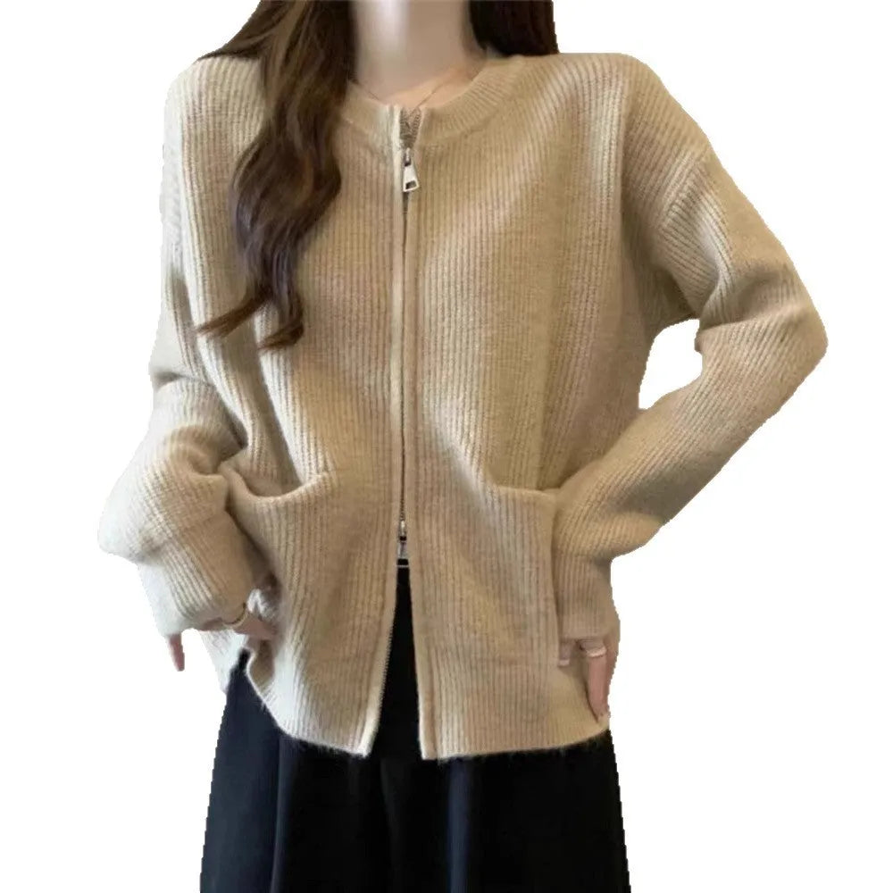 Beige viscose fibre cardigan coat with long sleeves and temperature-sensitive fabric