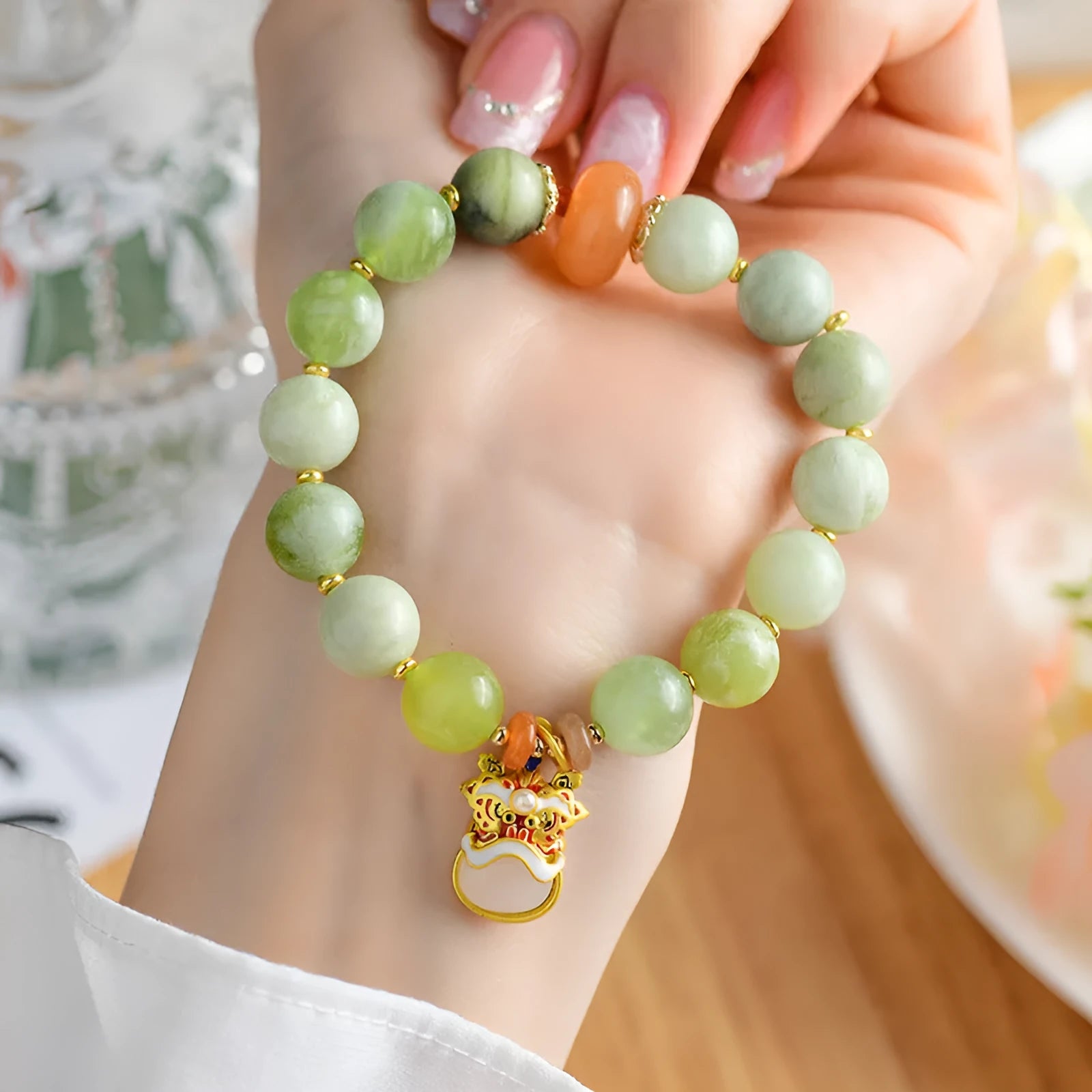 Green milk-in-water Xingshi jade pendant bracelet with 10mm geometric beads on elastic band
