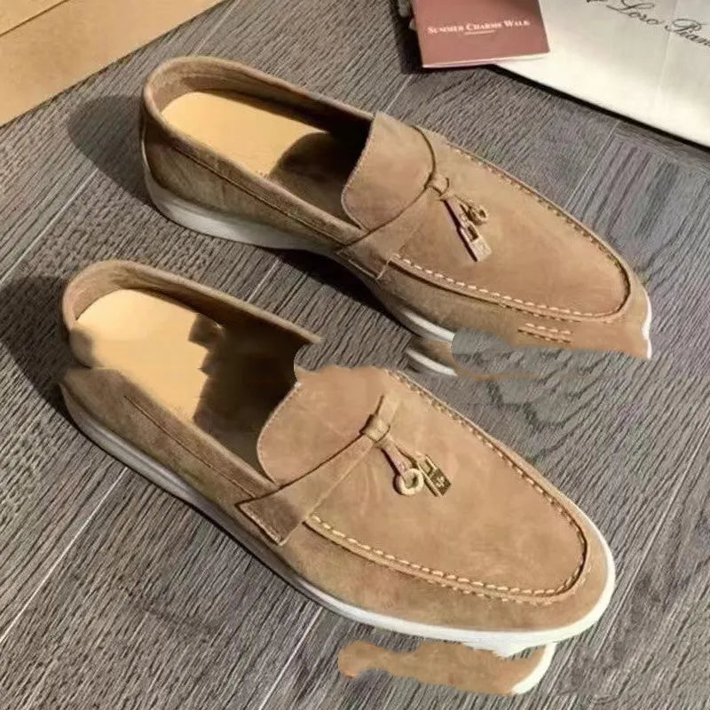 Gommino slip-on casual loafers with round toe, steel-head detail, and artificial PU upper