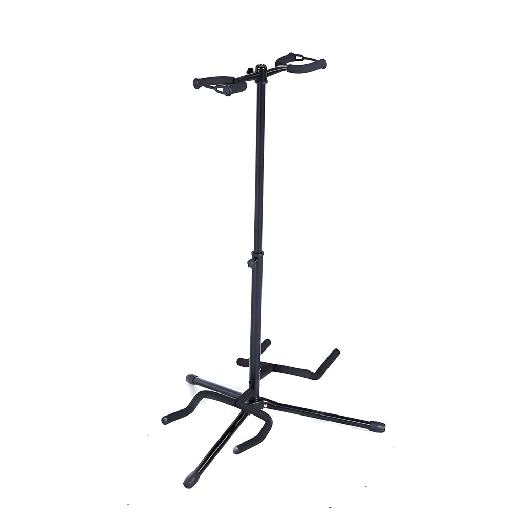 Black vertical double-headed adjustable guitar stand for electric and acoustic guitars