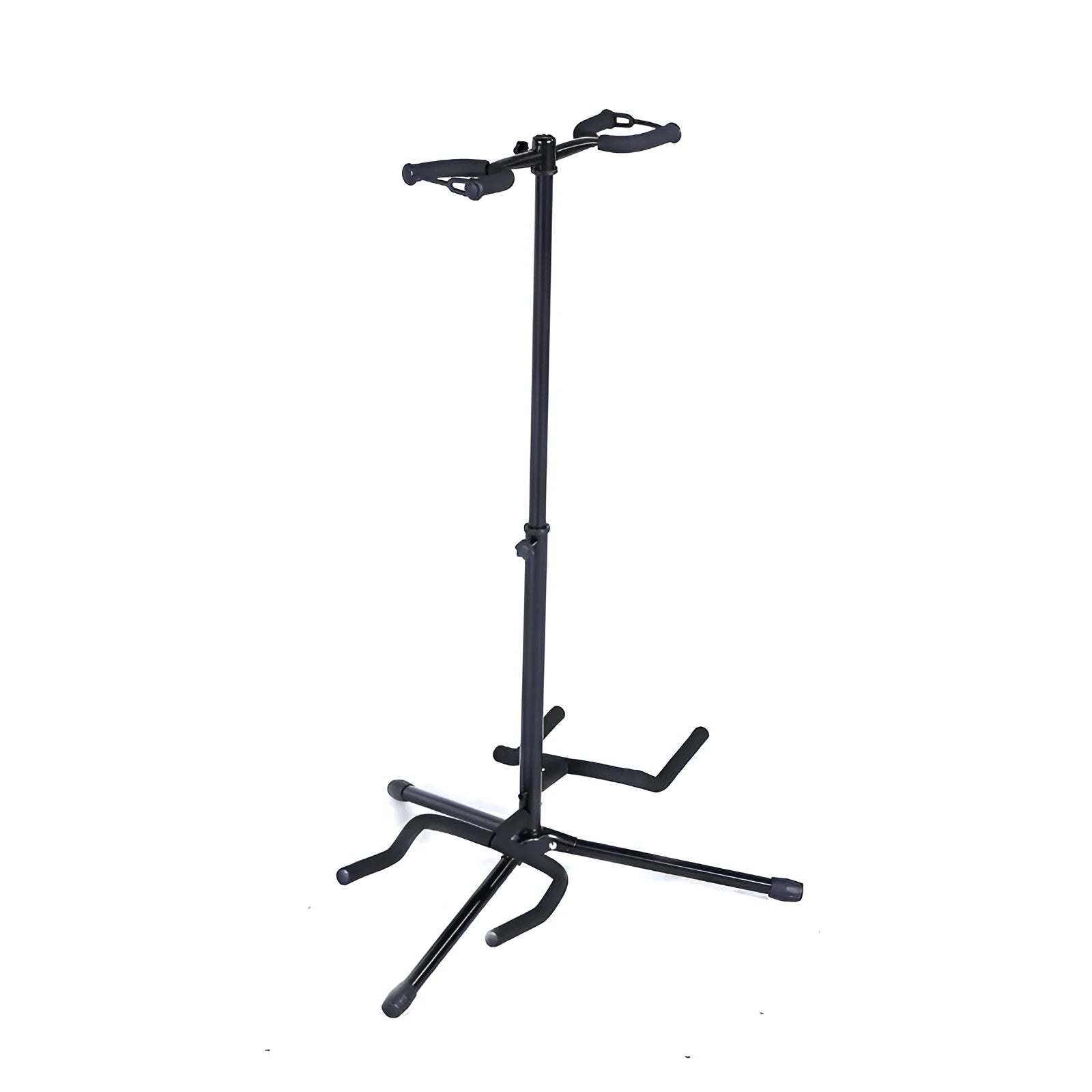 Black vertical double-headed adjustable guitar stand for electric and acoustic guitars