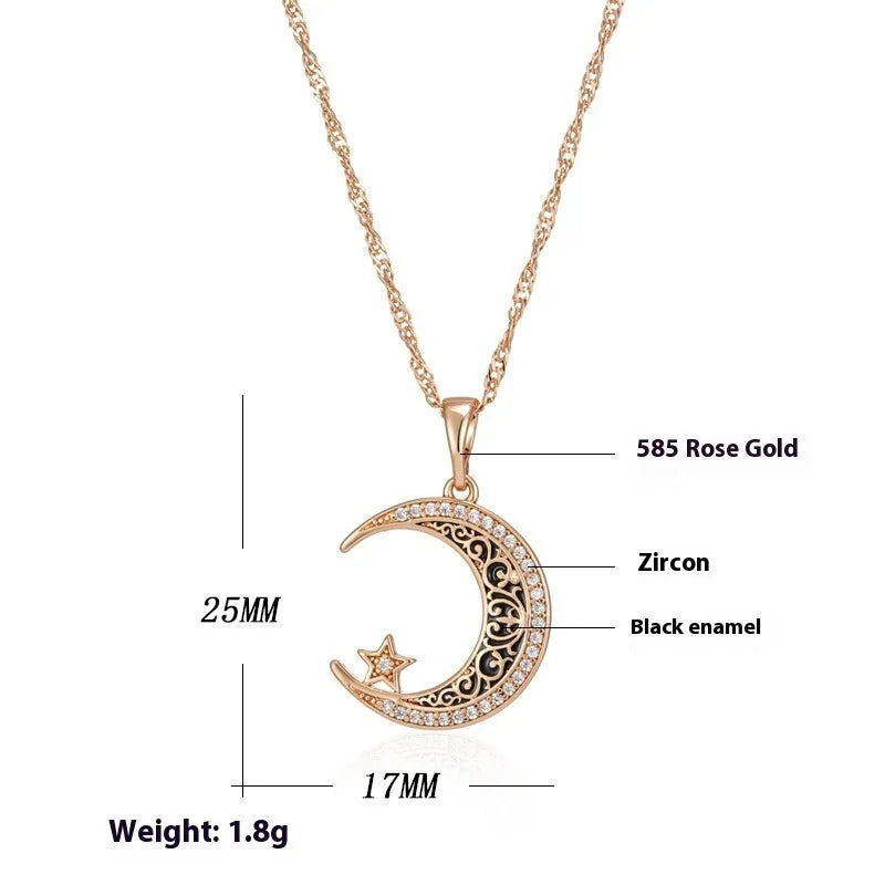 Rose gold star moon necklace with zircon pendant on water wave chain