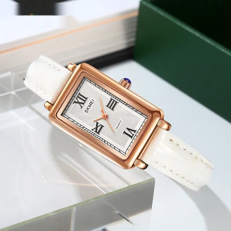 Rectangular retro women's quartz watch rose gold shell case with slim 9mm profile