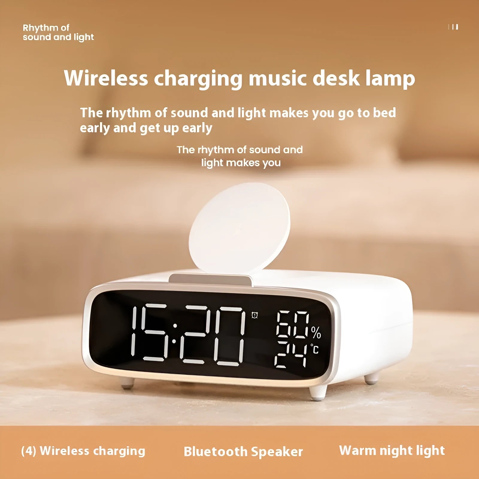 White wireless charging Bluetooth speaker alarm clock with LED display