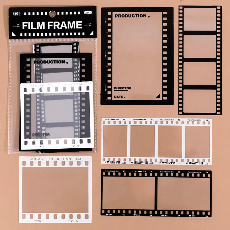 Pack of 15 transparent retro-themed frame stickers for journal decoration on a paper background.