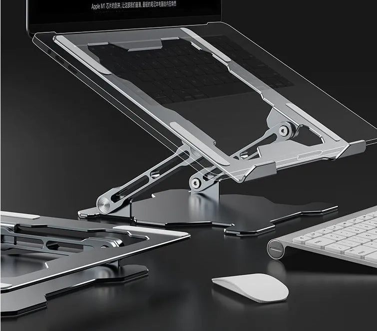 Grey aluminium laptop stand with adjustable angle and folding portable design