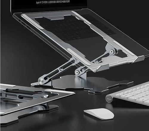 Grey aluminium laptop stand with adjustable angle and folding portable design