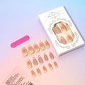 Set of plastic fake nails with 3D raised cartoon flower patterns, jelly glue tube, and a nail filing strip.